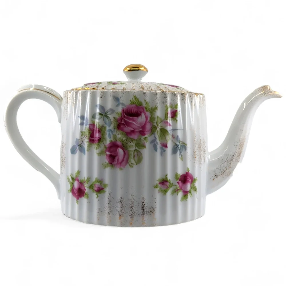 Bountiful Roses Teapot Lefton China K2275‎ Hand Painted Oval with Ribbed Pattern